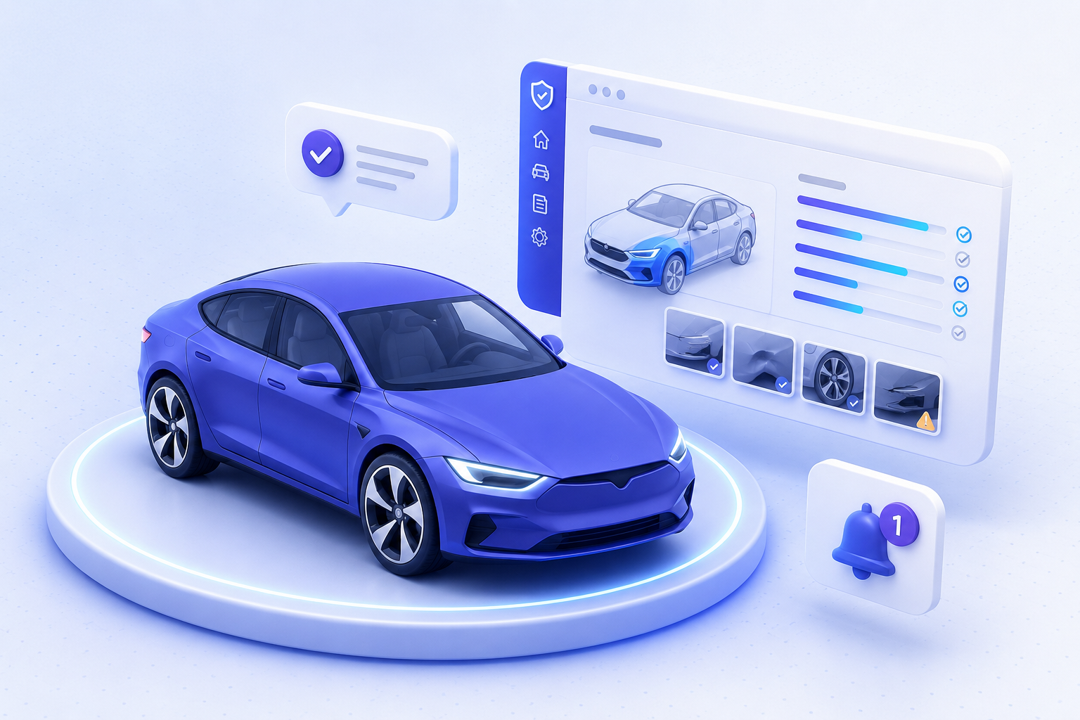 3D-Illustration: Auto auf Podest mit schwebenden UI-Elementen — Dashboard, Notification, Check-Bubble in indigoblauer Markenwelt
