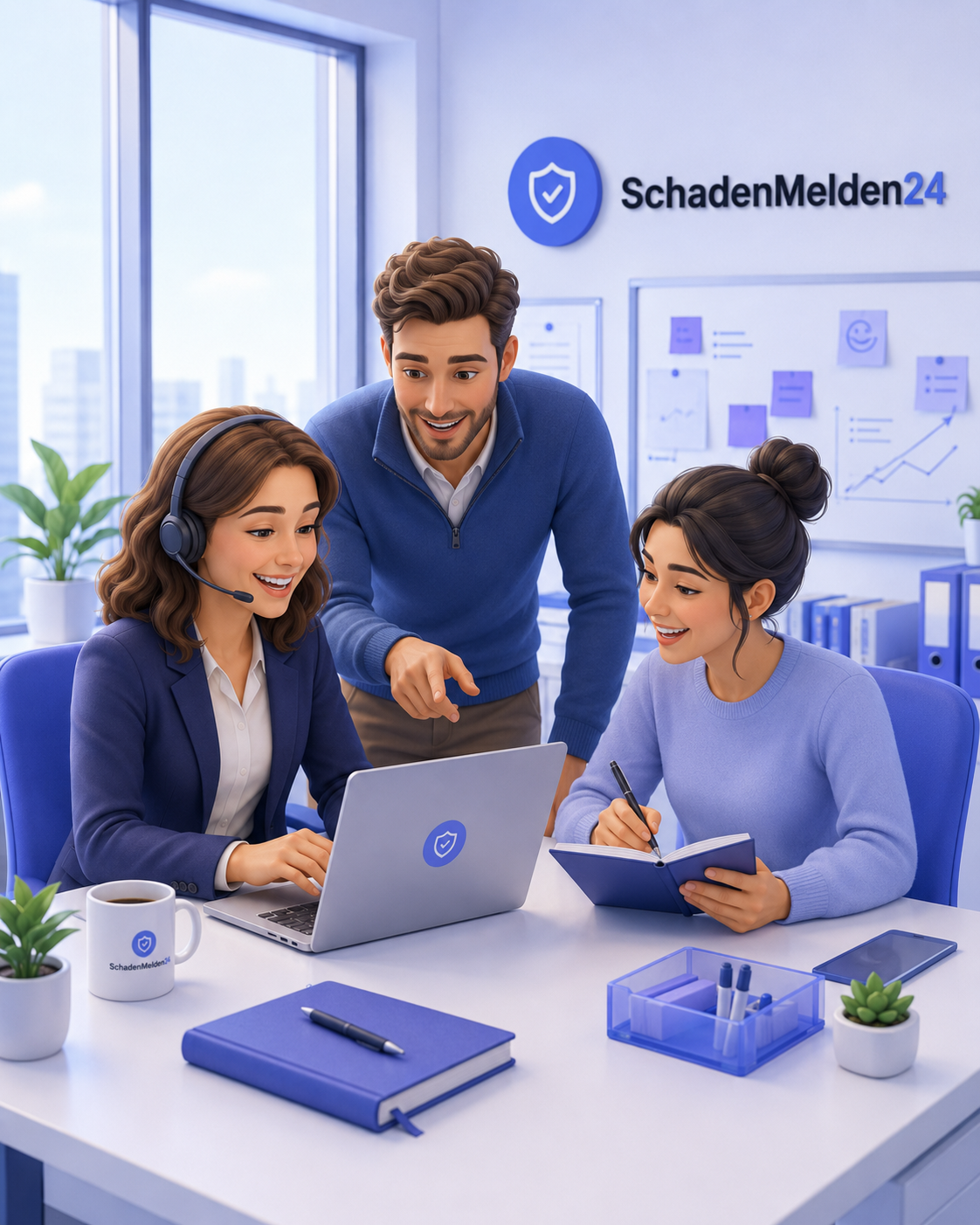 Drei Personen aus dem Support-Team kollaborieren im modernen Büro