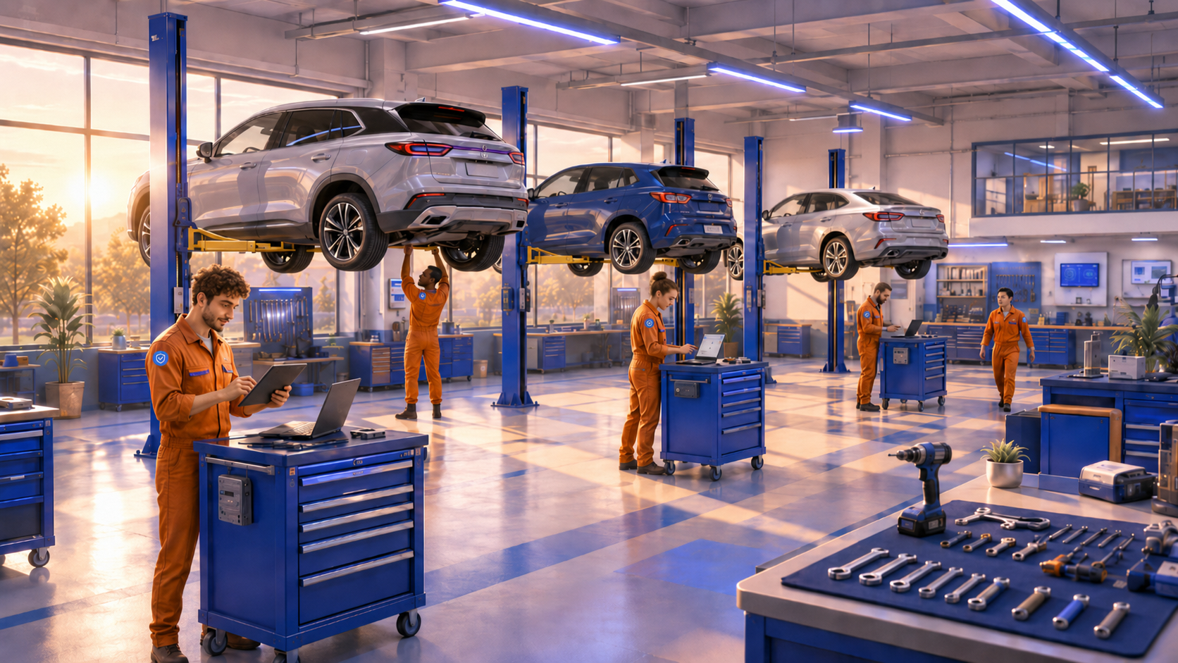 Moderne deutsche Werkstatt bei Golden Hour mit Mechanikern und Tablets