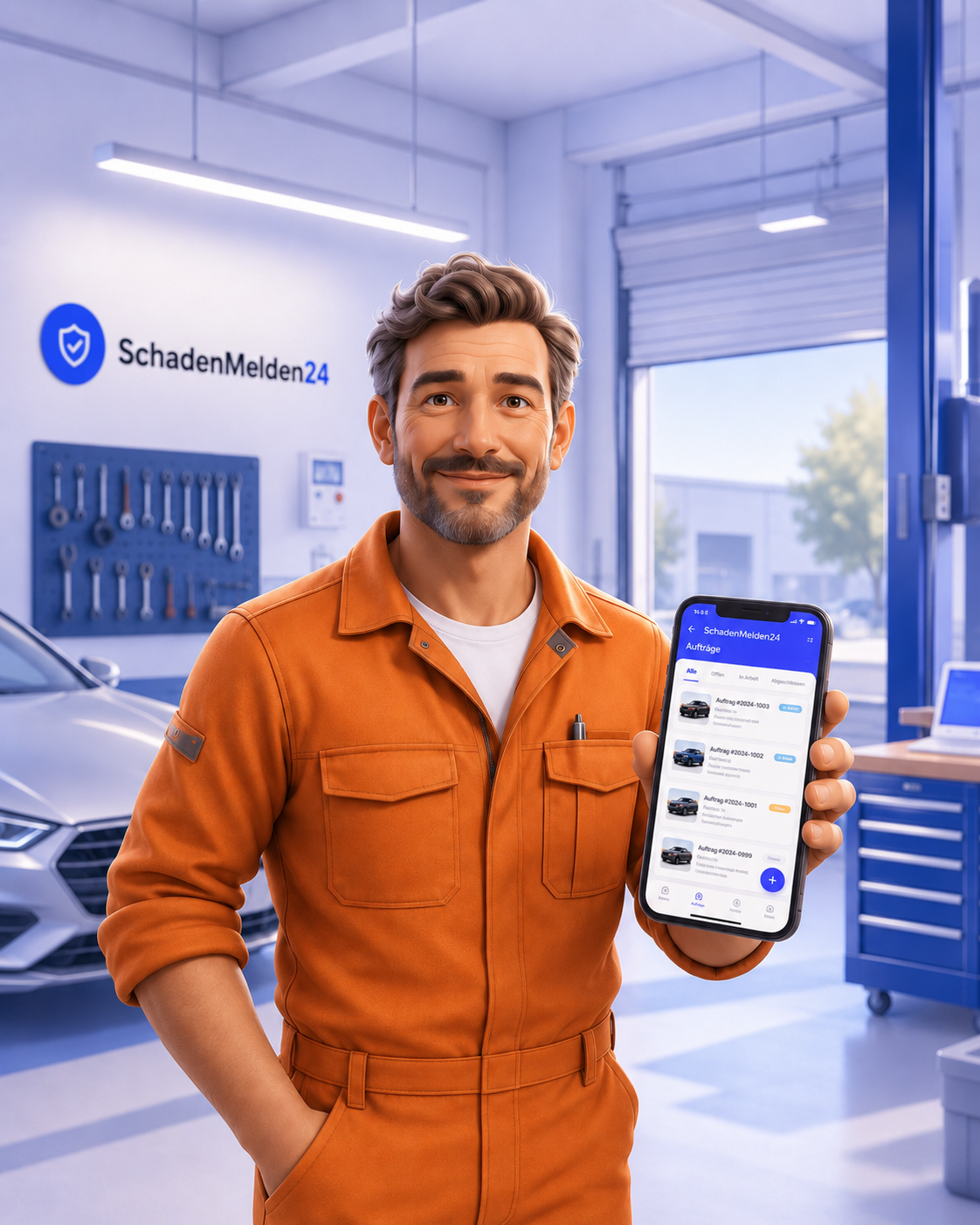 Mechaniker mit Smartphone vor Kunden-Auto in moderner Werkstatt