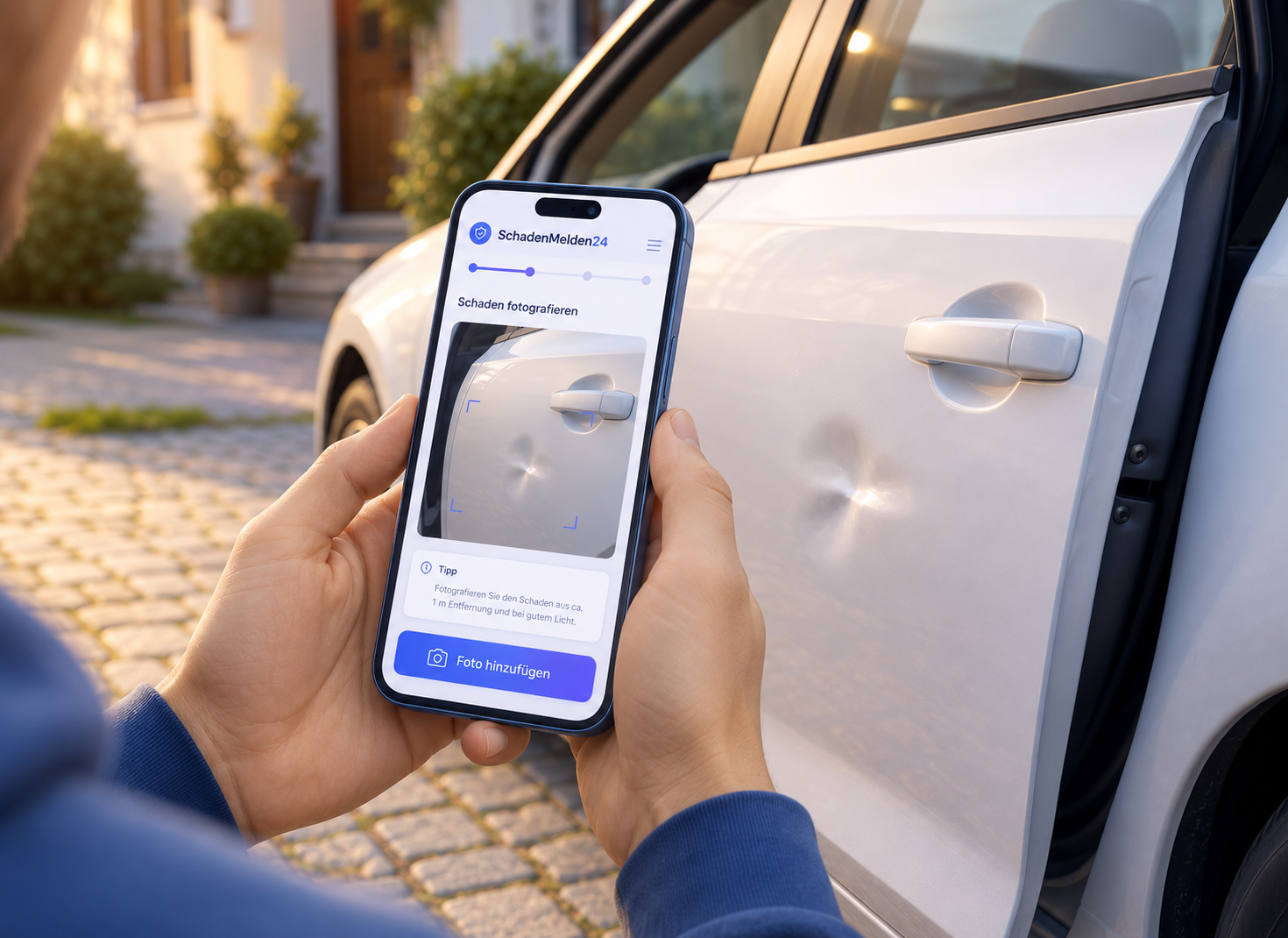 Smartphone fotografiert Delle am Auto, App-Interface zur Schadensmeldung sichtbar