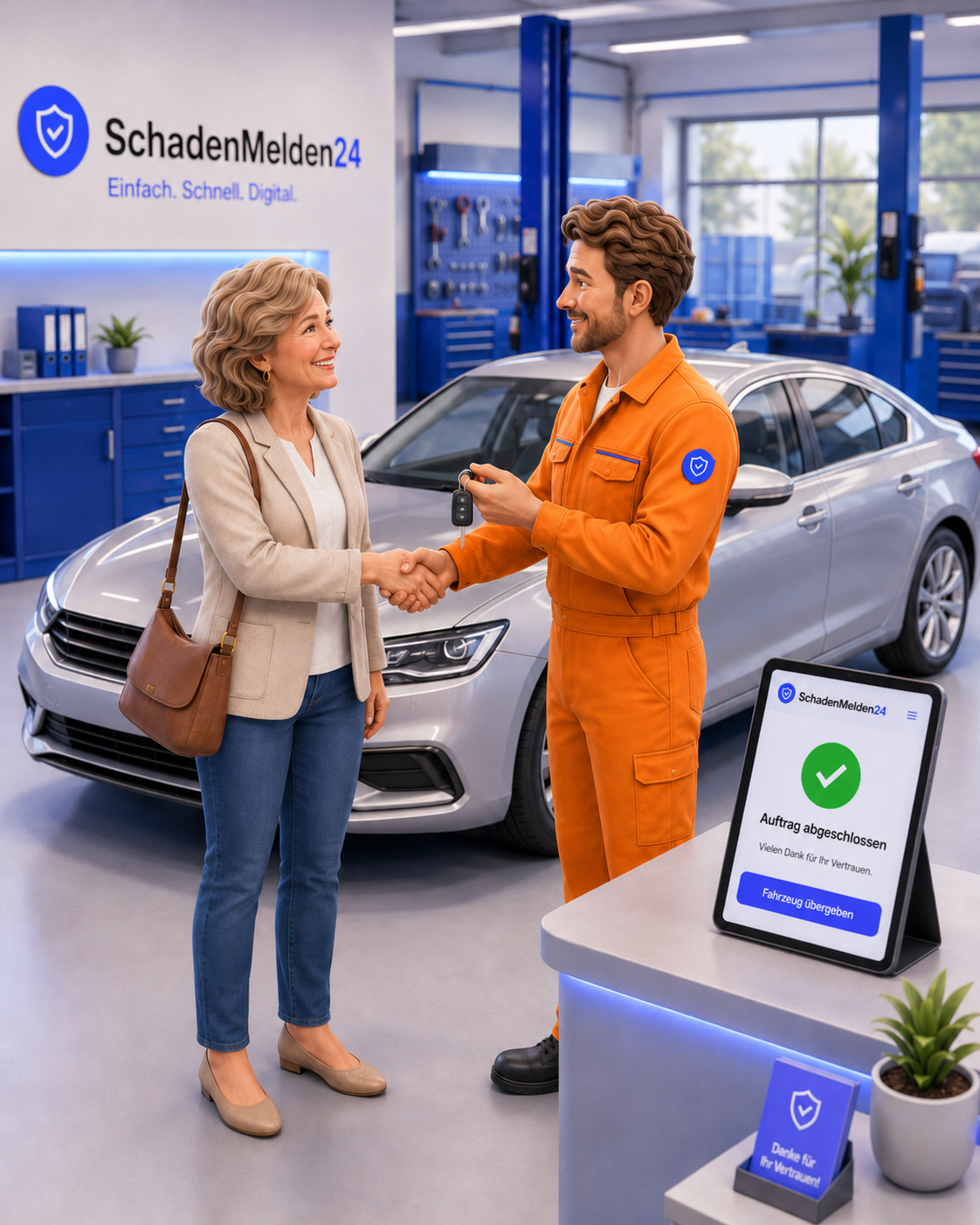 Zufriedene Kundin nimmt Auto-Schlüssel vom Mechaniker entgegen